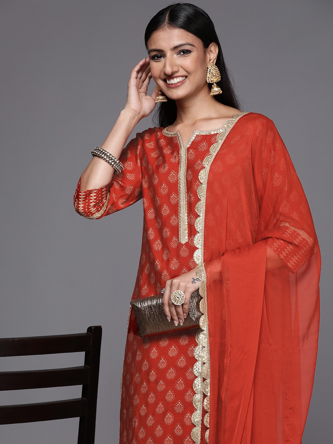 

Libas Women Orange Ethnic Motifs Printed Kurta with Trousers & With Dupatta