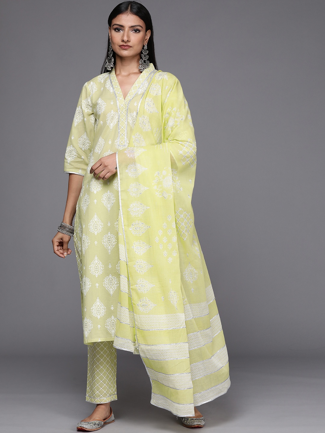 

Libas Women Lime Green Floral Printed Pure Cotton Kurta with Trousers & With Dupatta