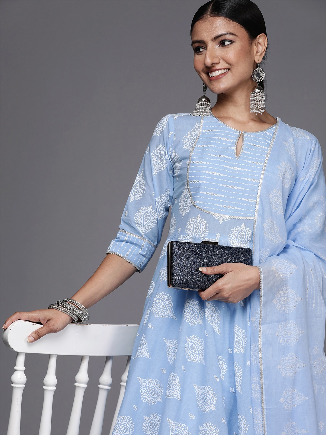

Libas Women Blue Floral Printed Gotta Patti Pure Cotton Kurta with Trousers & Dupatta