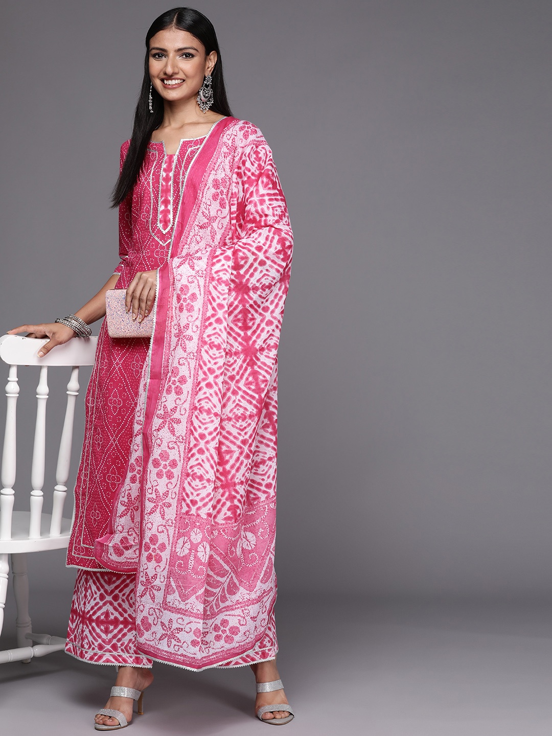 

Libas Women Pink Bandhani Printed Pure Cotton Kurta with Palazzos & With Dupatta