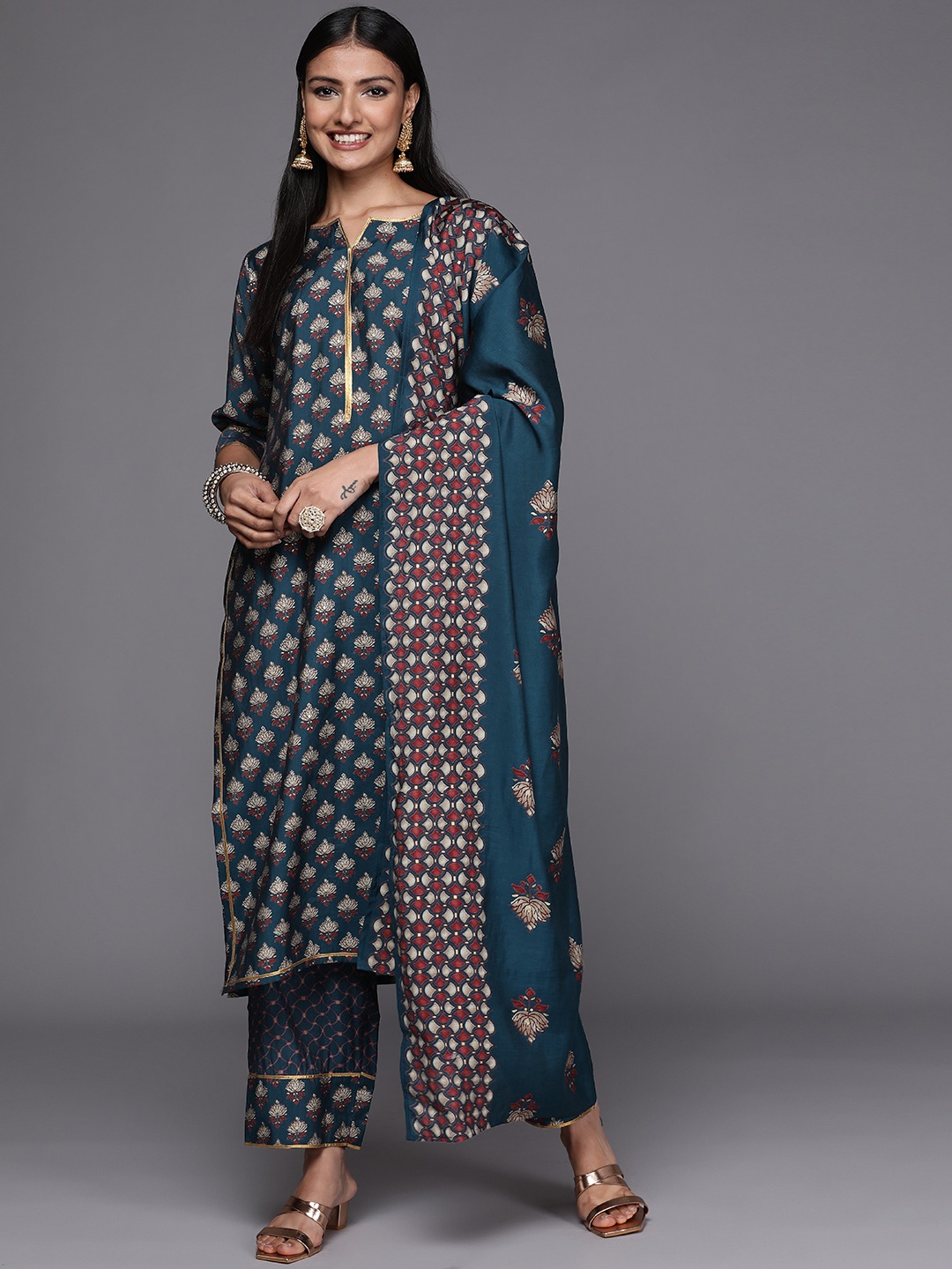 

Libas Women Blue Floral Printed Gotta Patti Kurta with Trousers & Dupatta