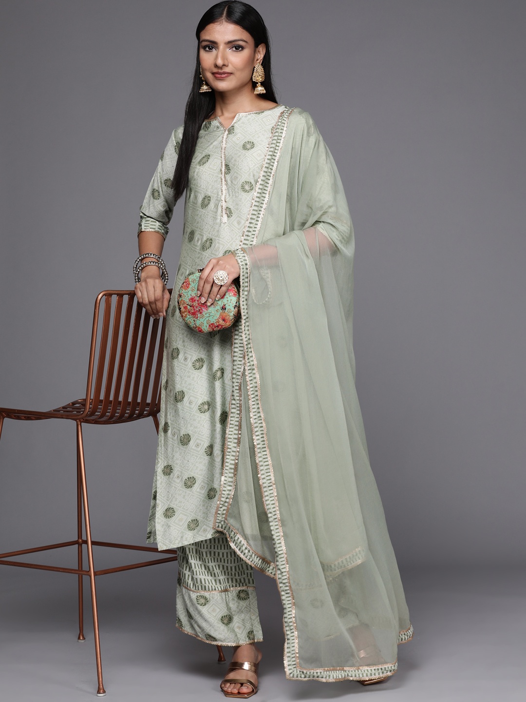 

Libas Women Green Floral Printed Sequinned Kurta with Palazzos & With Dupatta