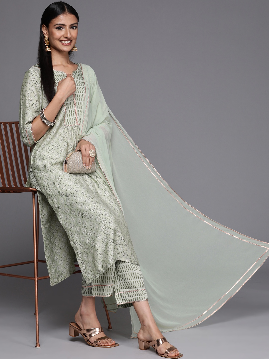 

Libas Women Green Ethnic Motifs Printed Gotta Patti Kurta with Trousers & Dupatta