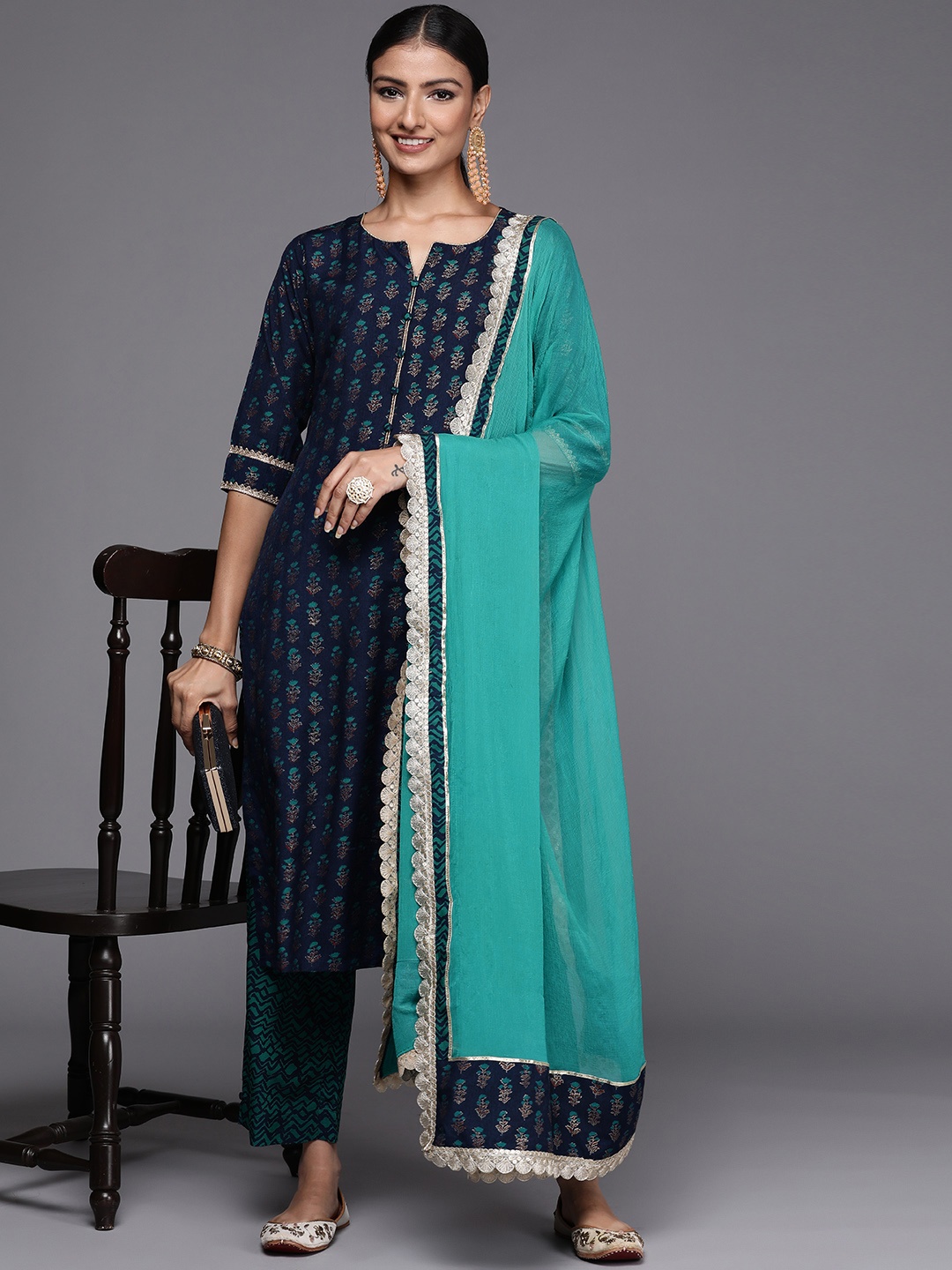 

Libas Women Navy Blue Floral Motifs Printed Kurta with Trousers & With Dupatta