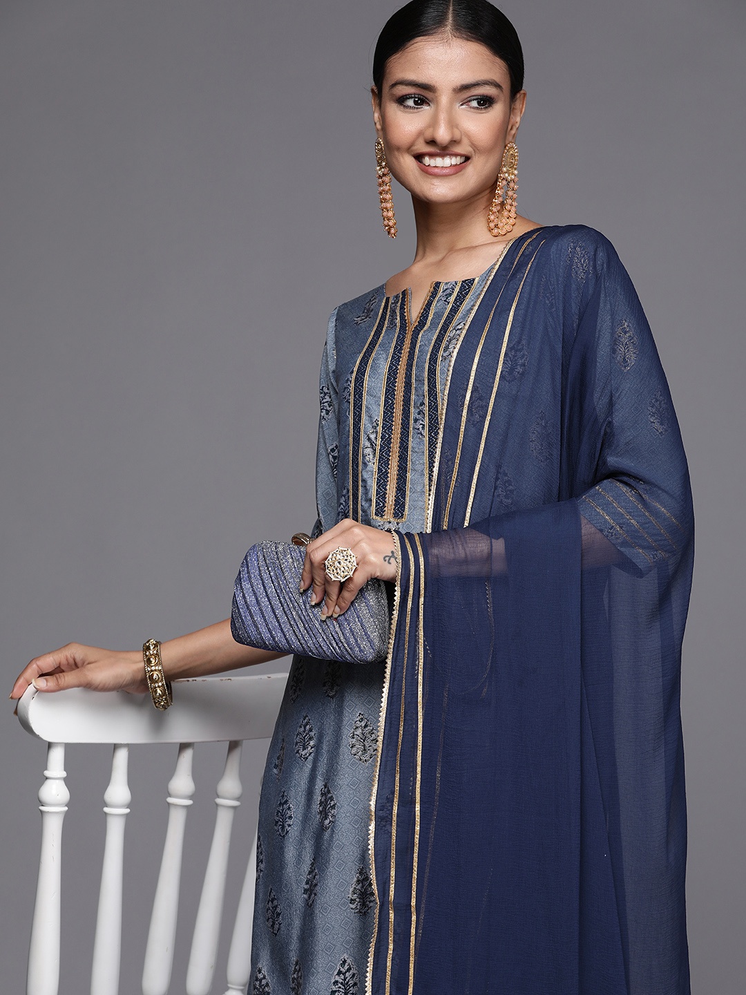 

Libas Women Blue Floral Motifs Printed Gotta Patti Kurta with Trousers & Dupatta
