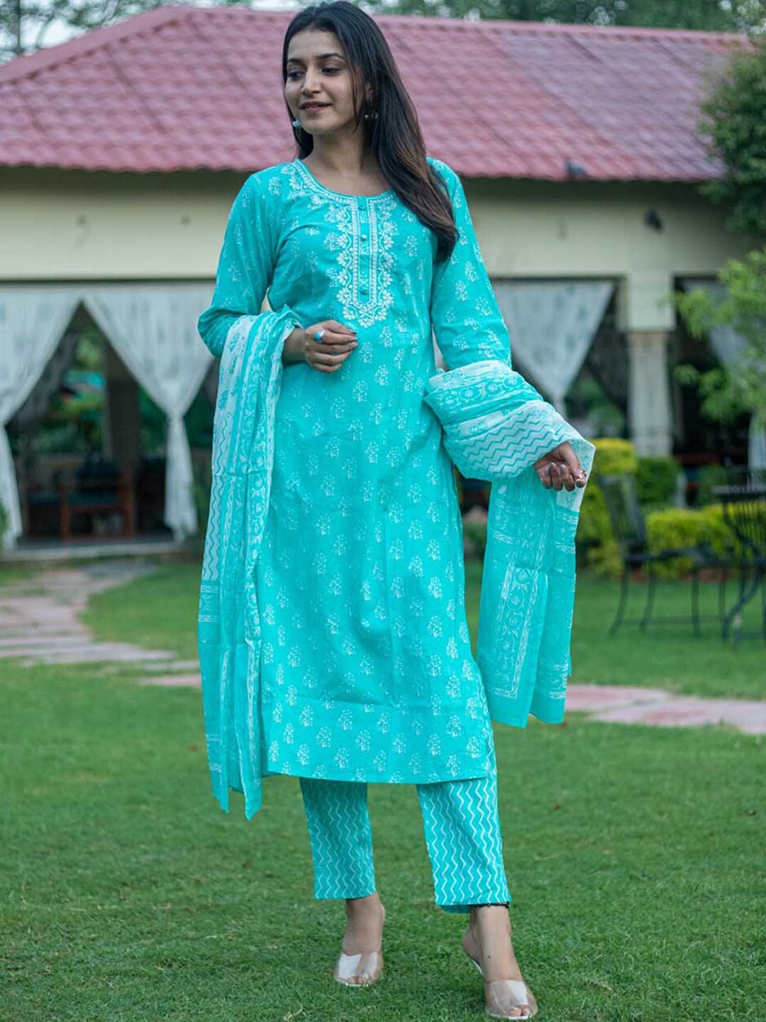 

ETHNIC STREET Women Turquoise Blue Ethnic Motifs Printed Mirror Work Pure Cotton Kurta with Trousers & With