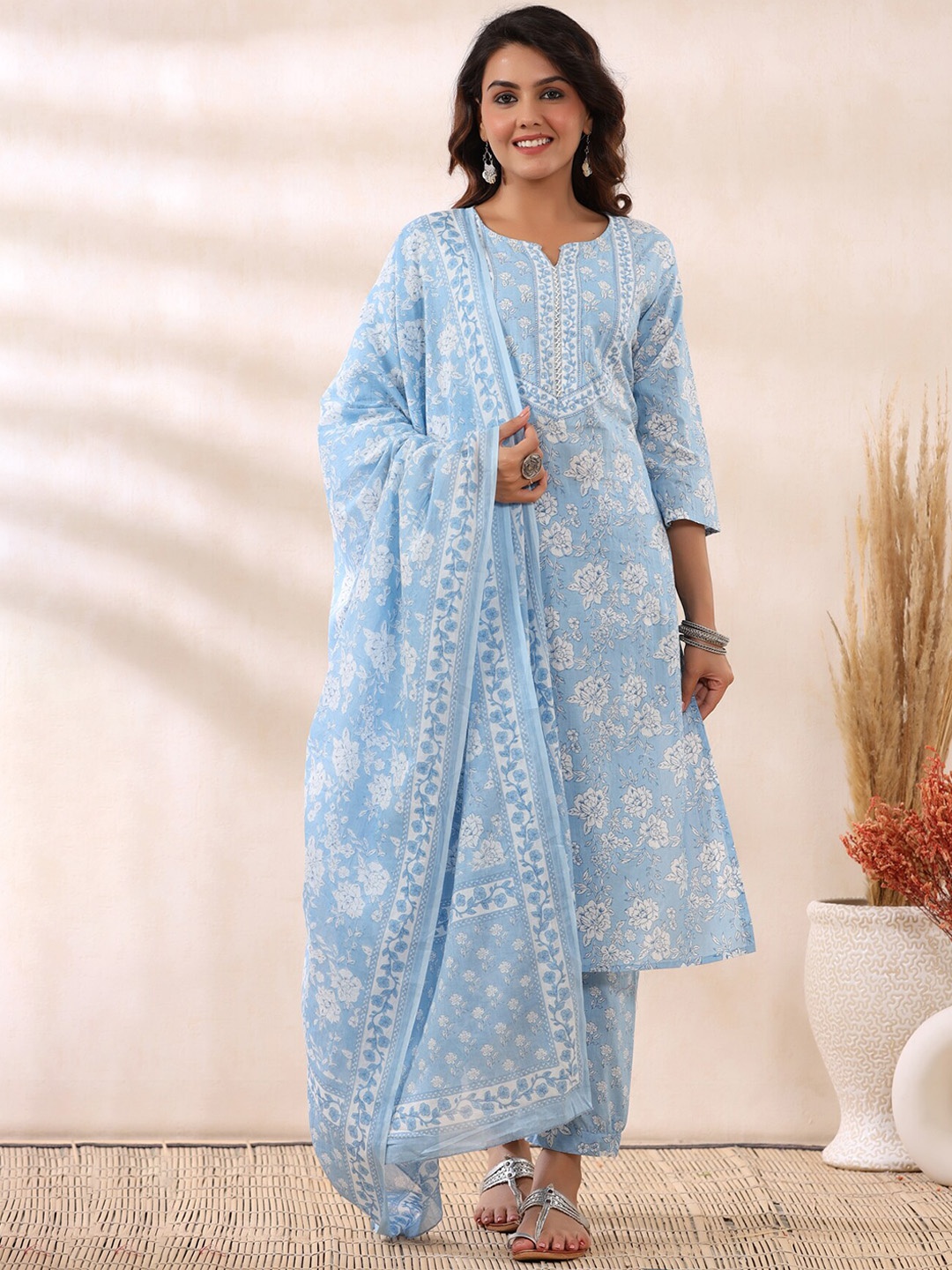 

ETHNIC STREET Women Blue Cotton Kurta with Trouser & Dupatta