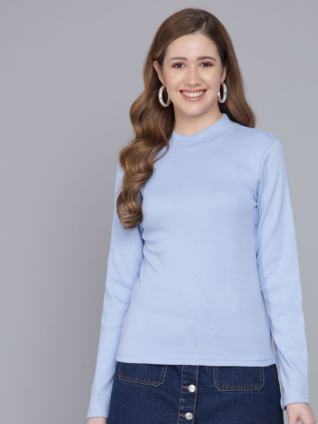 

Q-rious Blue Solid High Neck Full Sleeves Top