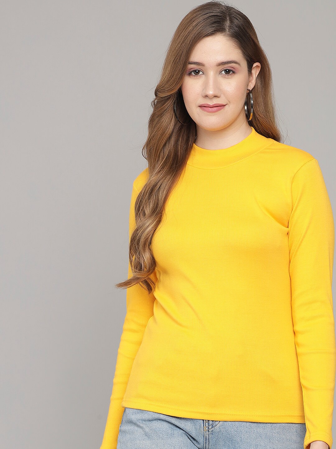 

Q-rious Yellow Full Sleeves Ribbed Knitted Top