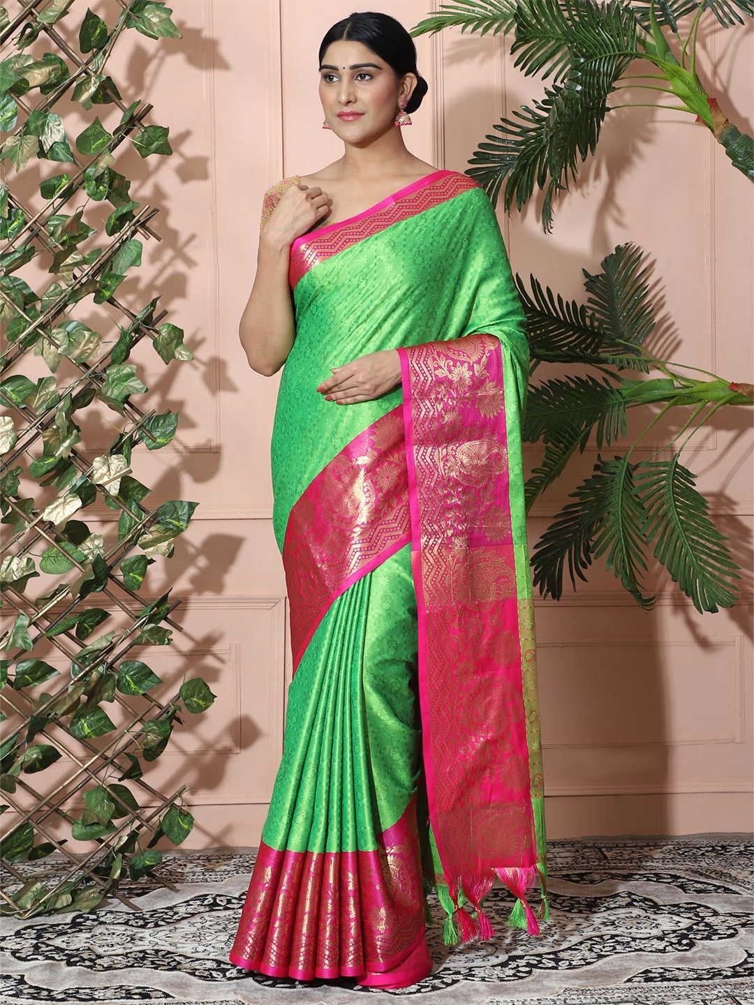 

WILORI Sea Green & Rose Ethnic Motifs Zari Pure Cotton Dharmavaram Saree