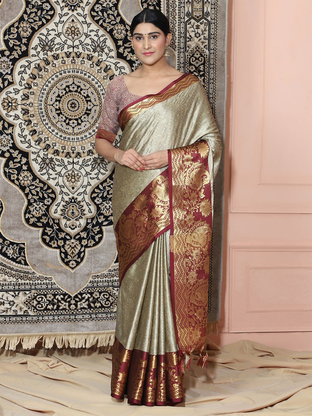 

WILORI Beige & Maroon Woven Design Zari Pure Cotton Dharmavaram Saree