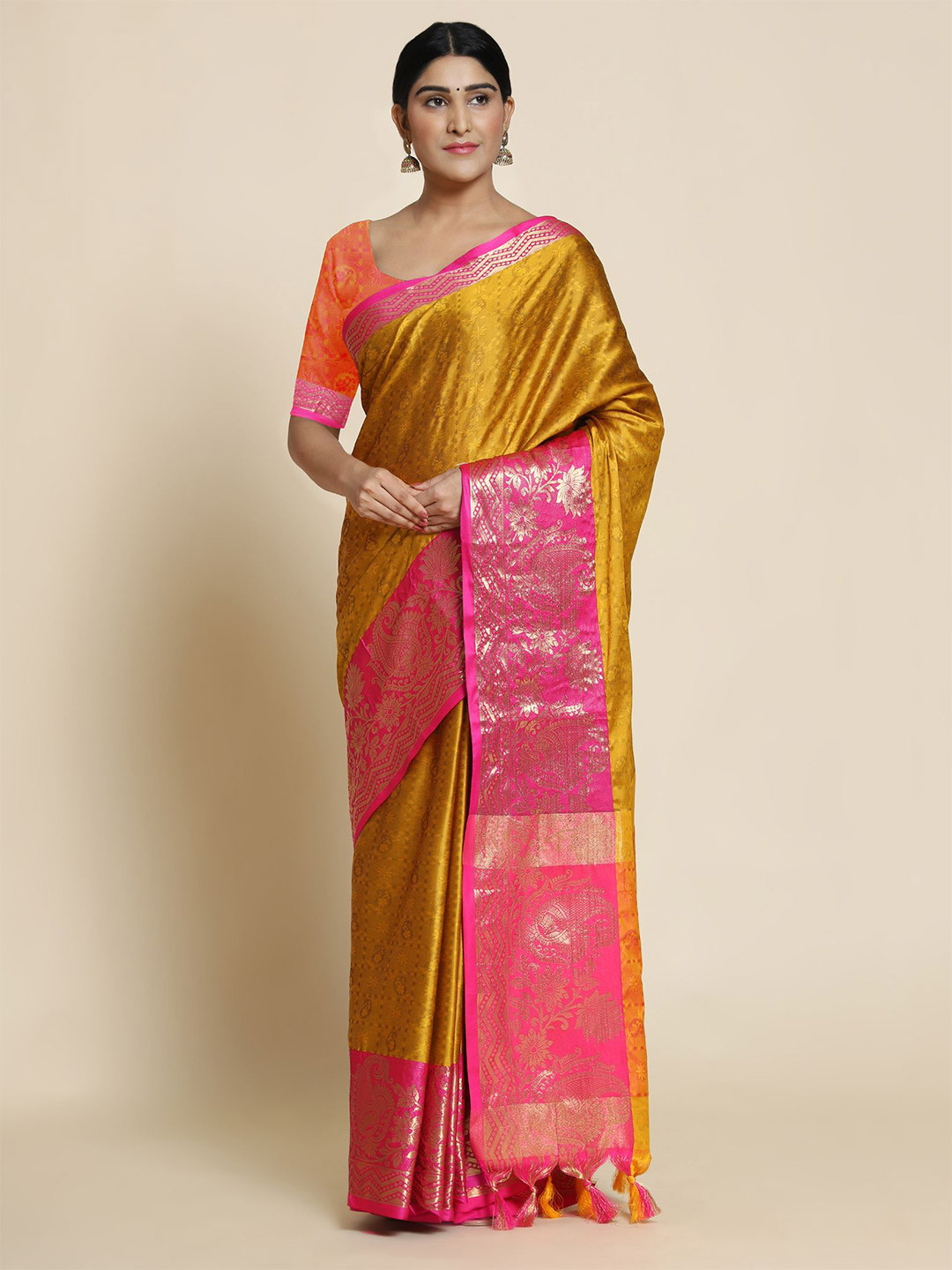 

WILORI Mustard & Orange Woven Design Zari Pure Cotton Dharmavaram Saree