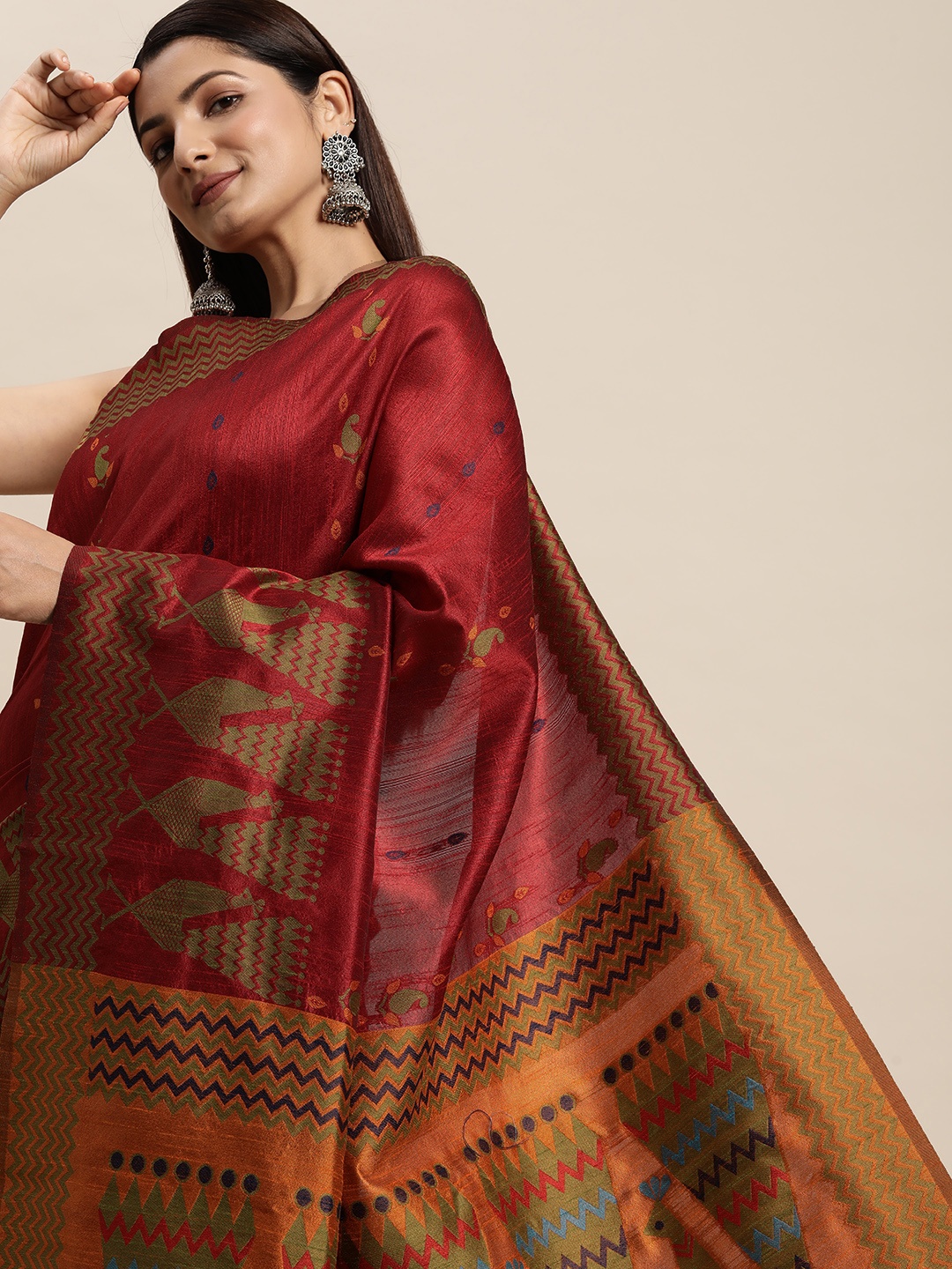 

AYKA CLOTHINGS Red & Mustard Yellow Woven Design Ikat Saree