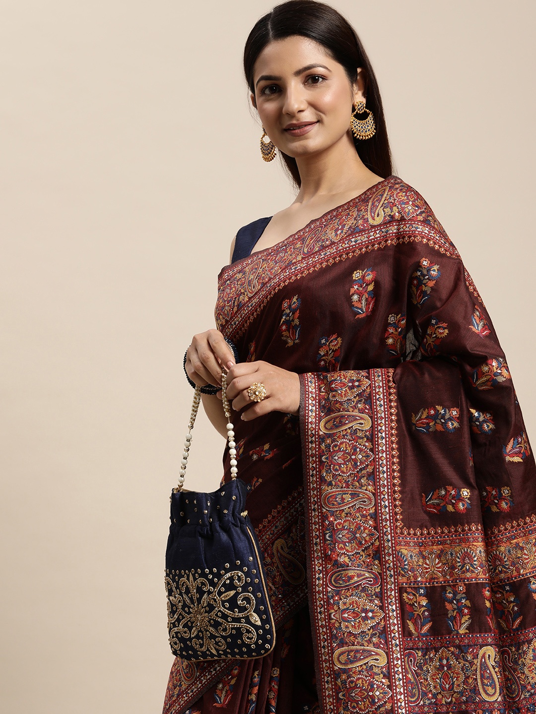 

AYKA CLOTHINGS Maroon & Beige Floral Jacquard Cotton Kanjeevaram Saree
