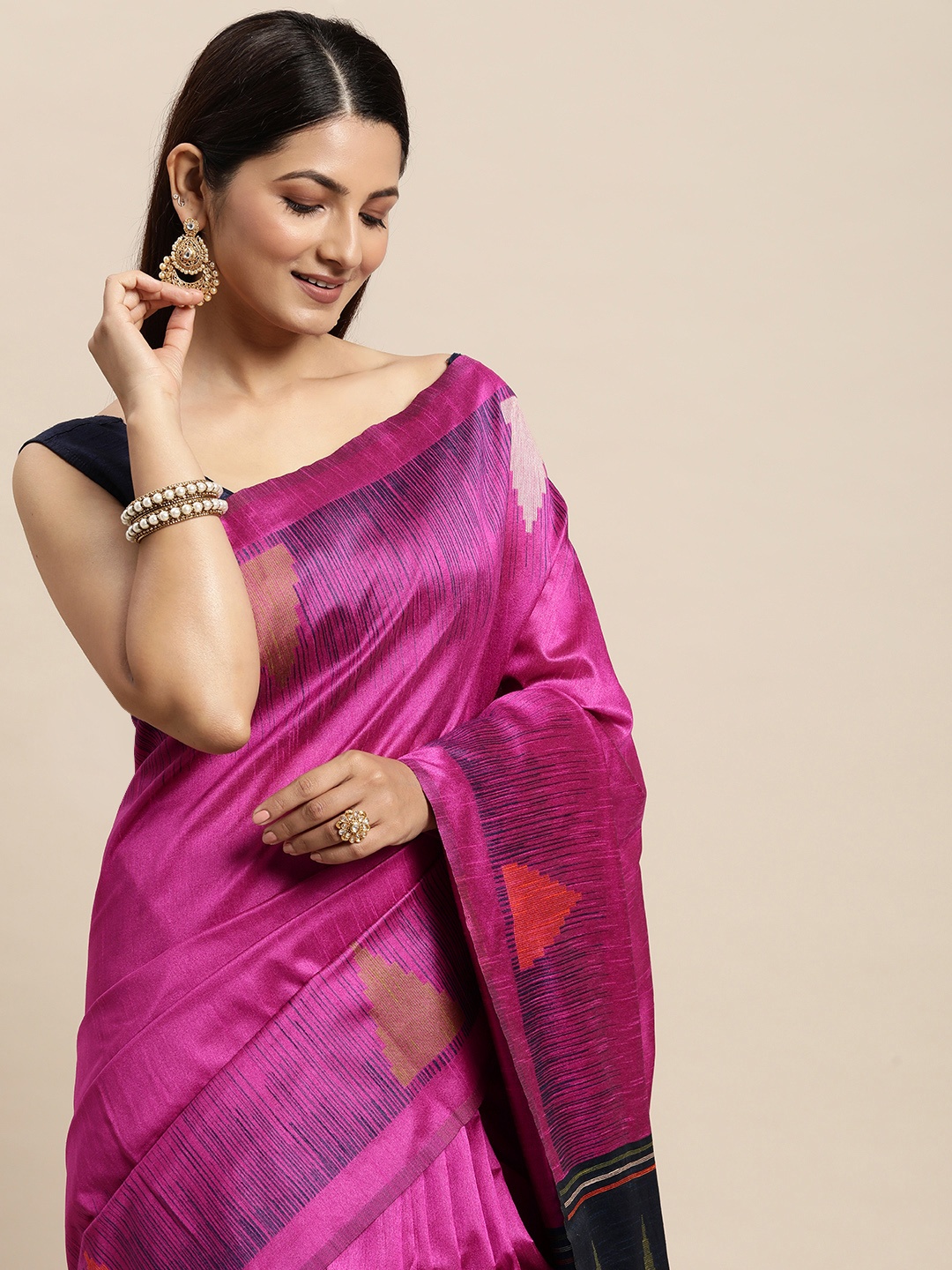 

AYKA CLOTHINGS Pink & Navy Blue Embellished Jacquard Khadi Cotton Ikat Saree