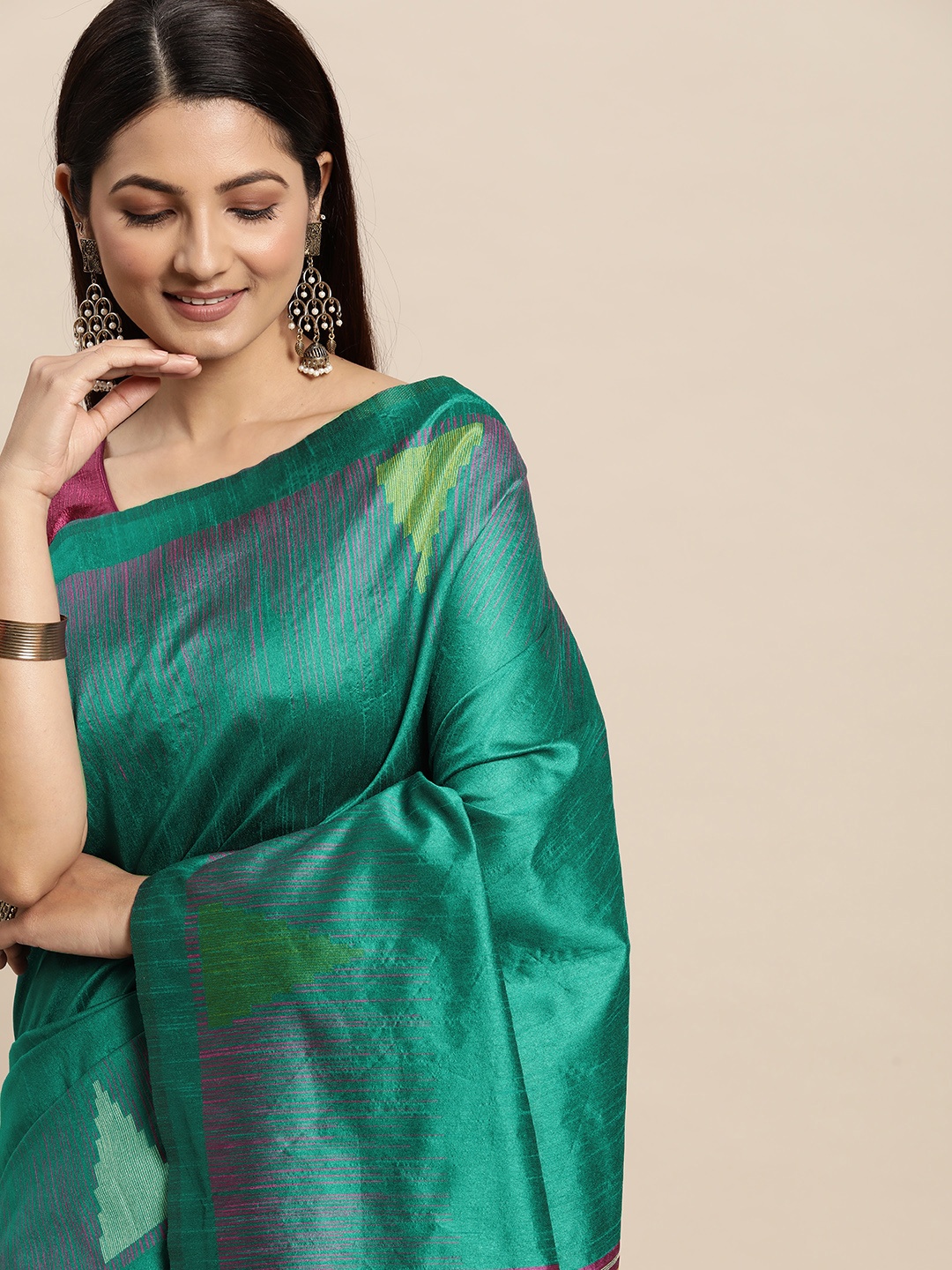 

AYKA CLOTHINGS Teal Green & Magenta Woven Design Ikat Saree