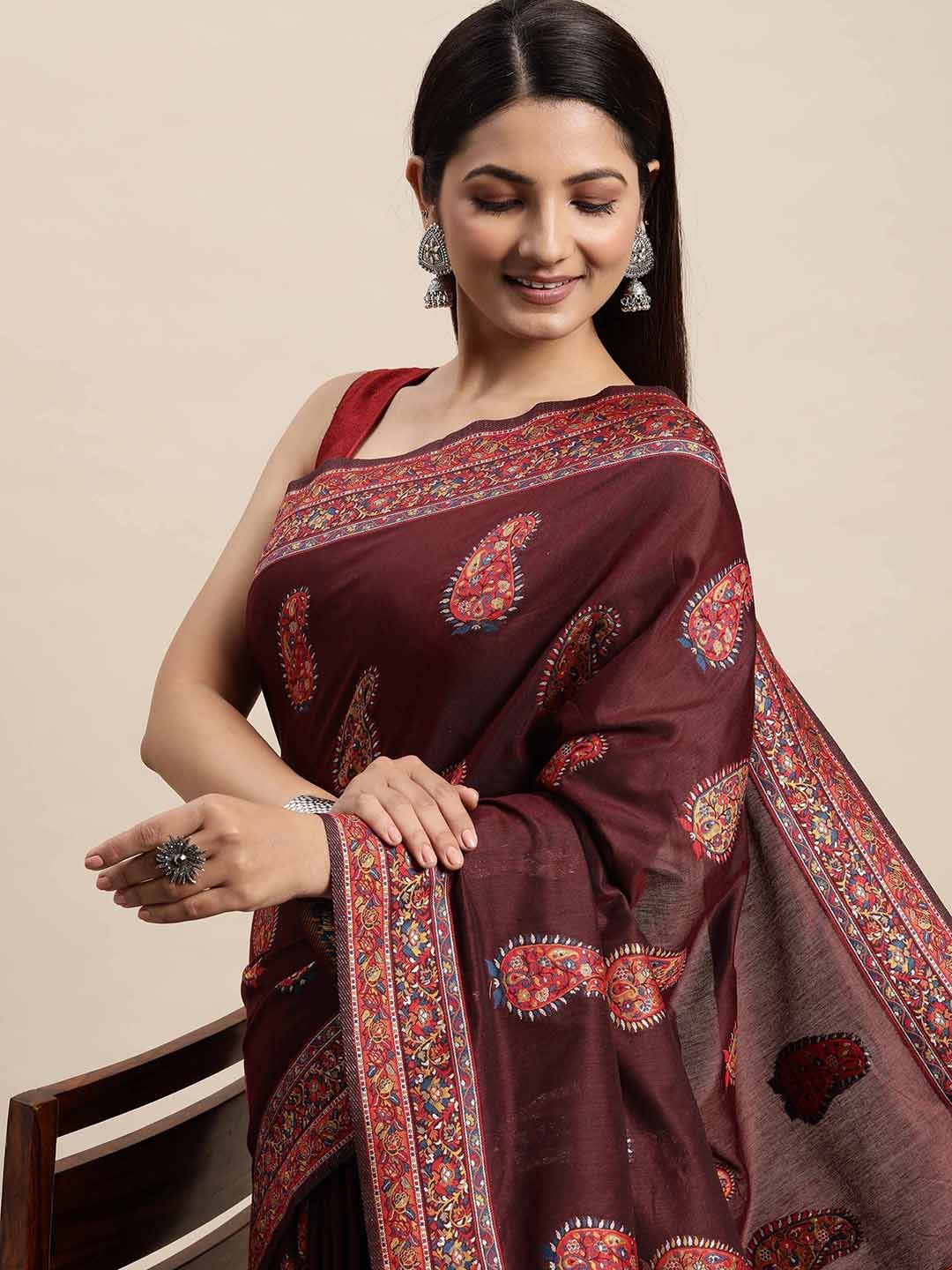 

AYKA CLOTHINGS Maroon & Blue Floral Woven Design Kanjeevaram Saree