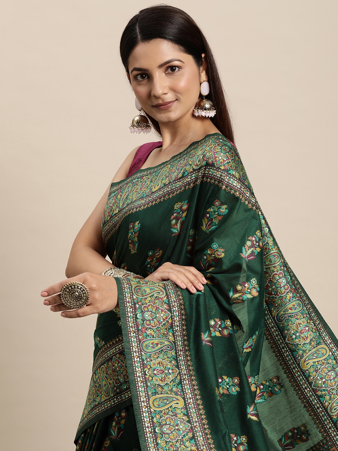 

AYKA CLOTHINGS Green & Mustard Floral Jacquard Cotton Kanjeevaram Saree