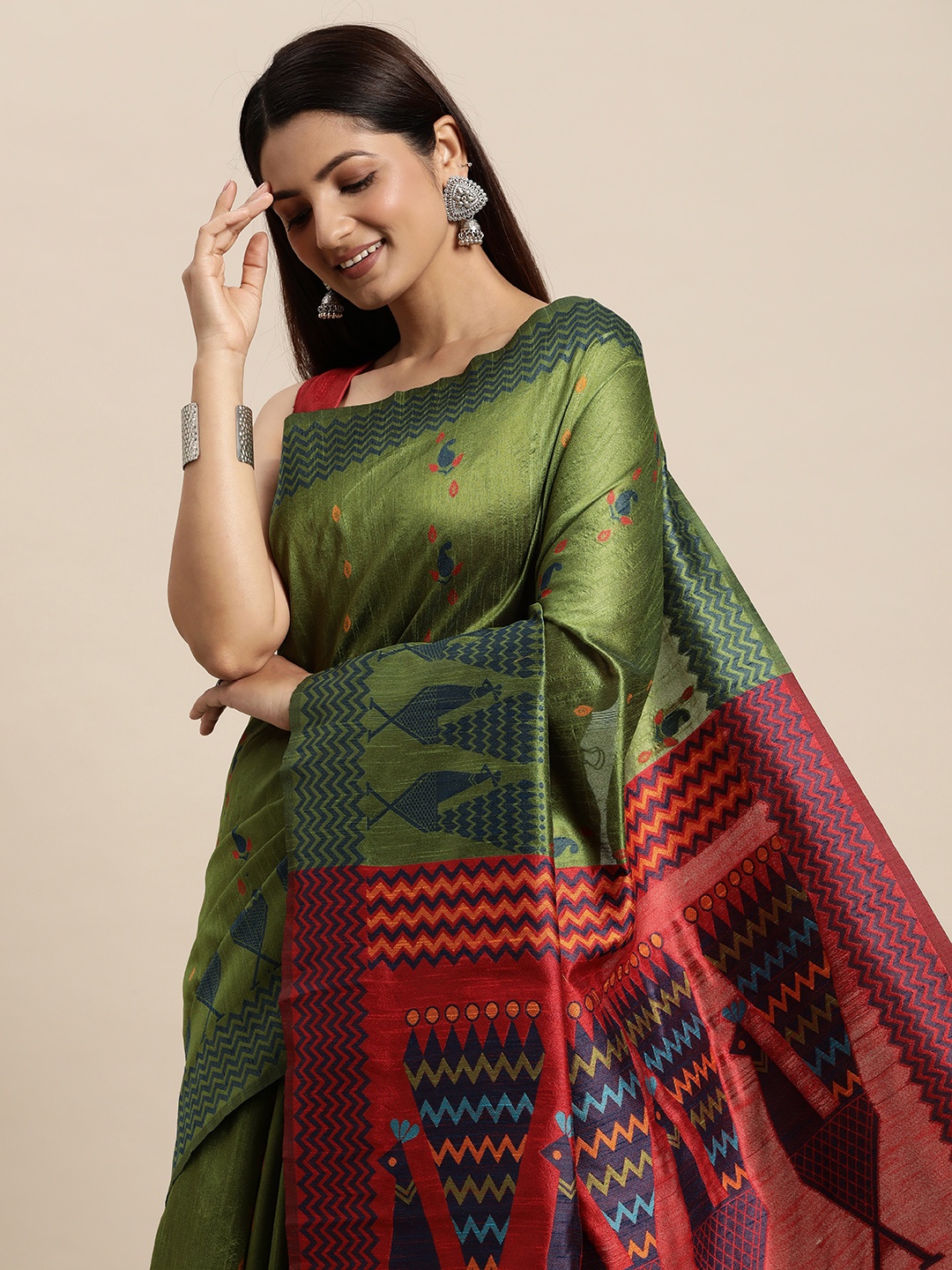 

AYKA CLOTHINGS Green & Red Woven Design Ikat Saree