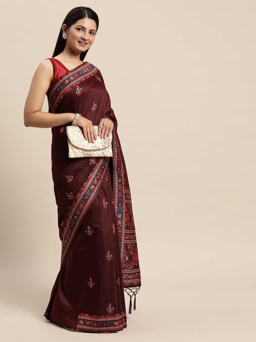 

AYKA CLOTHINGS Maroon & Blue Floral Woven Design Kanjeevaram Saree