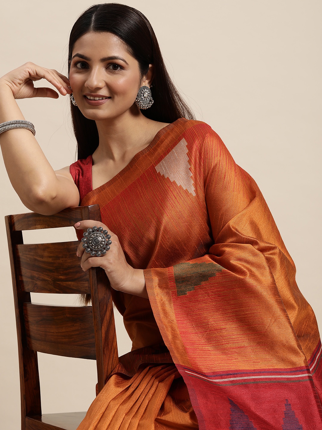

AYKA CLOTHINGS Rust & Red Jacquard Khadi Cotton Woven Design Ikat Saree