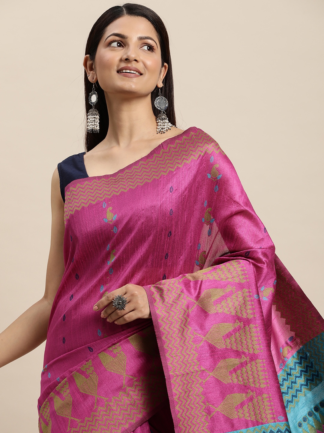 

AYKA CLOTHINGS Pink & Blue Woven Design Ikat Saree