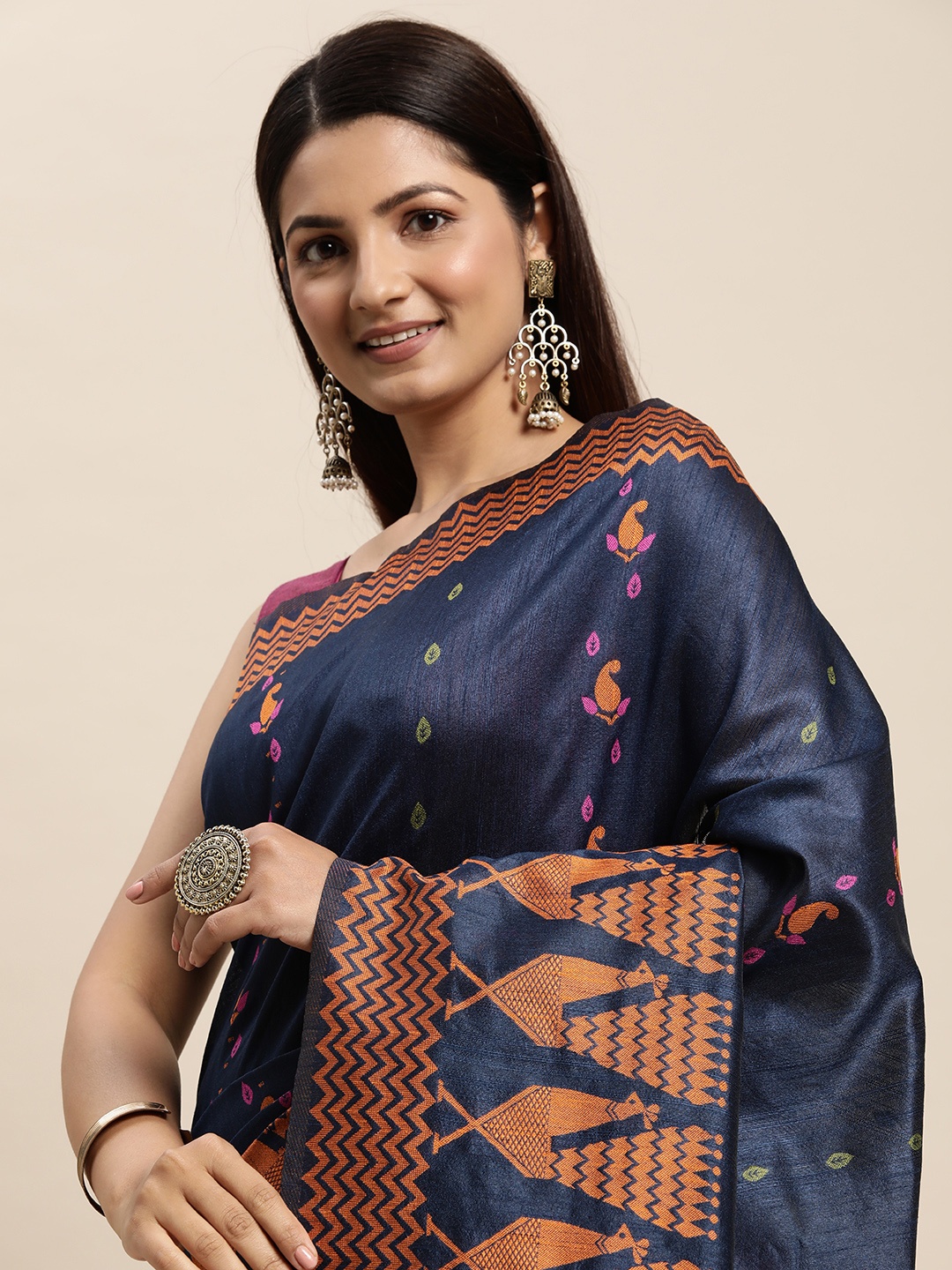 

AYKA CLOTHINGS Navy Blue & Orange Woven Design Ikat Saree