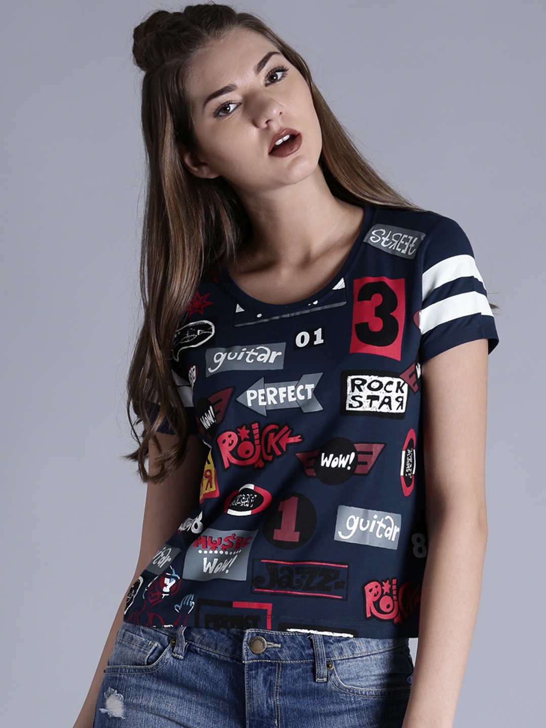 

Kook N Keech Women Navy Printed Crop T-shirt, Navy blue