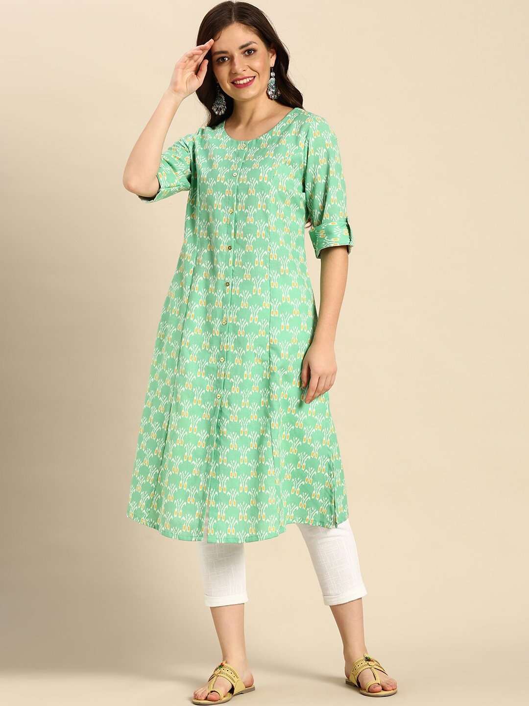 

FLAVIDO Women Green Geometric Printed Kurta