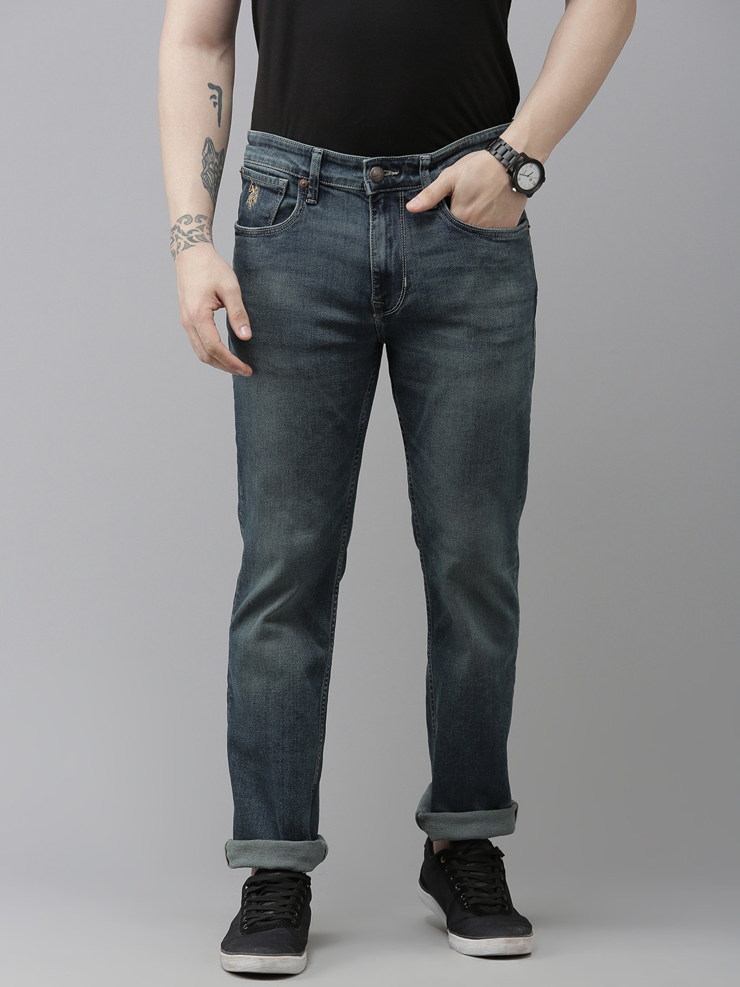 

U S Polo Assn Denim Co Men Harold Slim Straight Fit Light Fade Bleached Stretchable Jeans, Blue