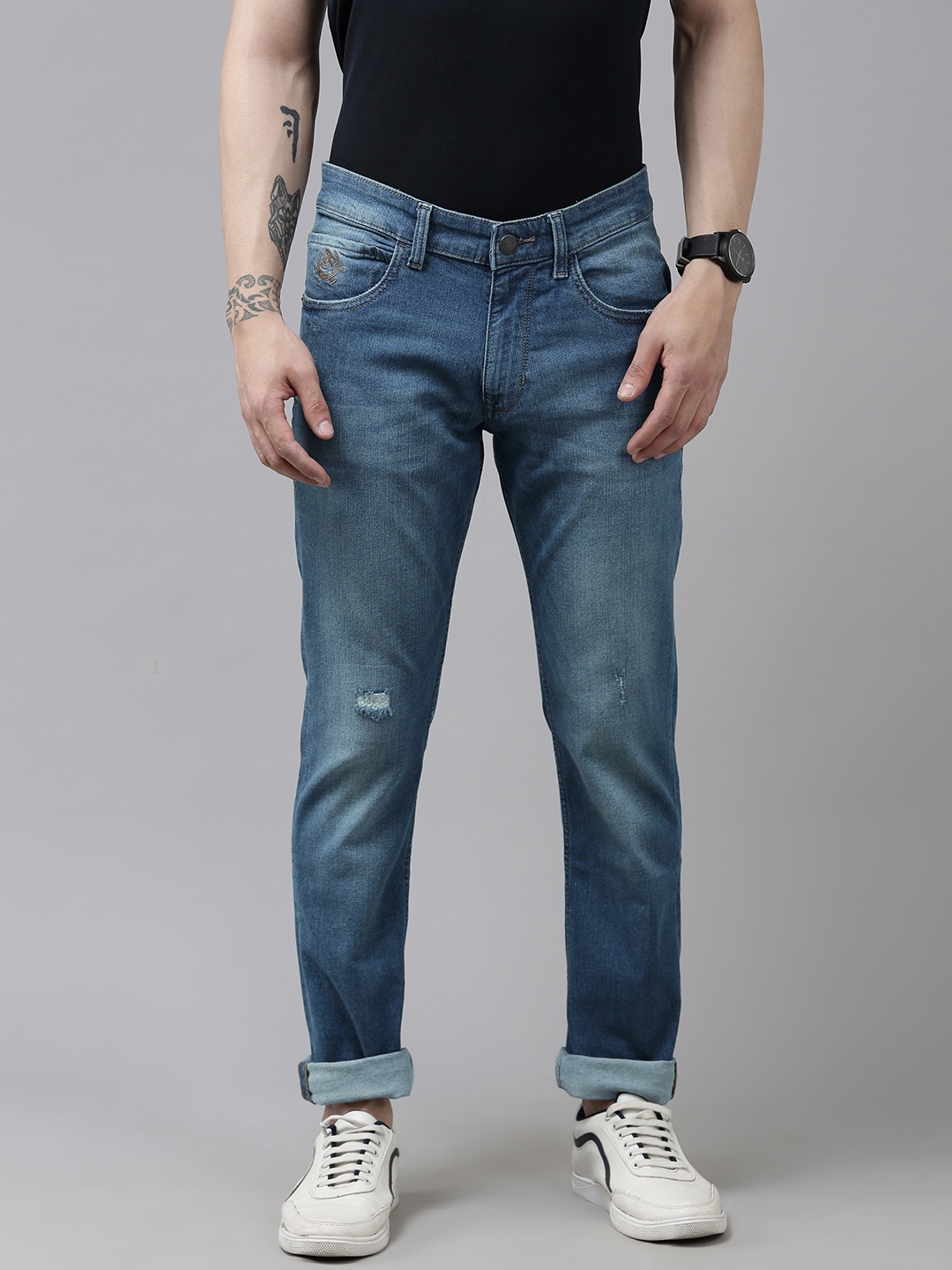 

U S Polo Assn Denim Co Men Slim Fit Low Distress Light Fade Stretchable Jeans, Blue