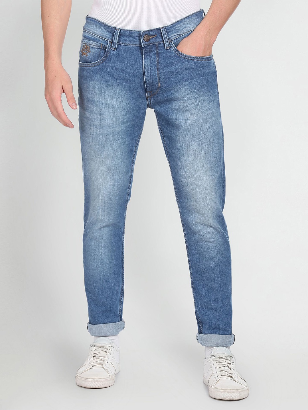 

U S Polo Assn Denim Co Men Mid-Rise Slim Fit Heavy Fade Stretchable Jeans, Blue