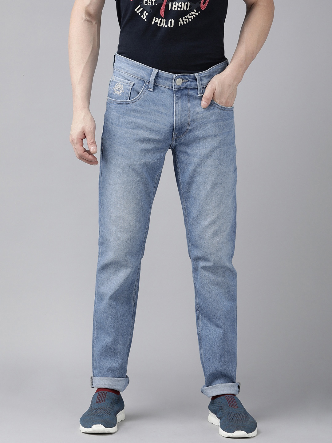 

U S Polo Assn Denim Co. Men Mid-Rise Slim Fit Light Fade Stretchable Jeans, Blue