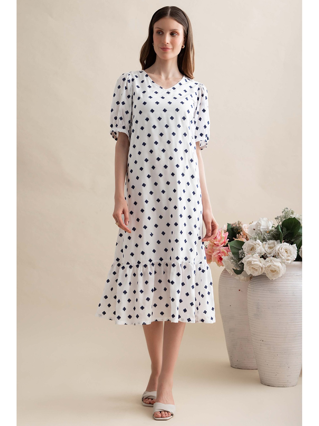 

B.Copenhagen White Floral A-Line Midi Dress