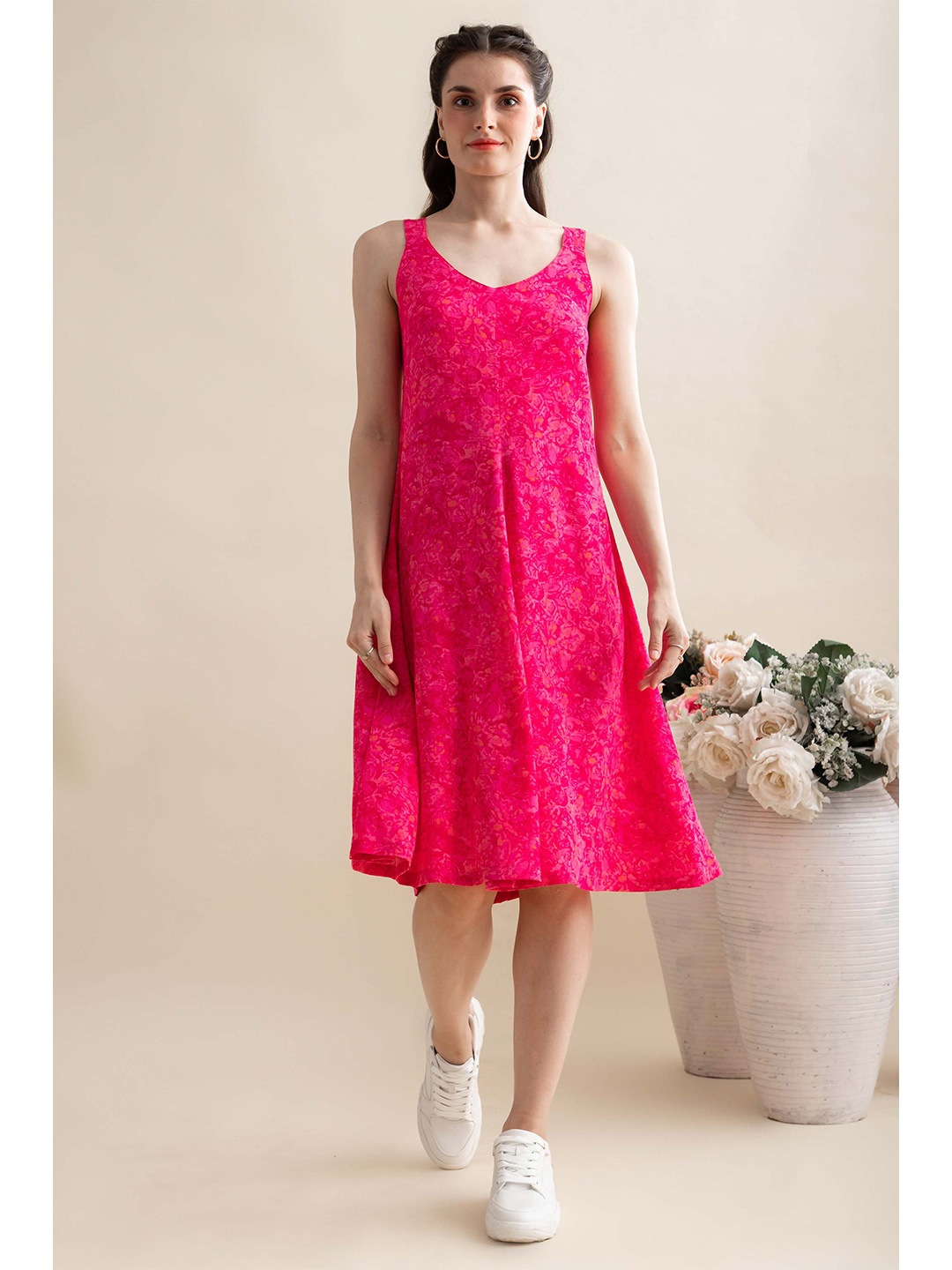 

B.Copenhagen Women Pink Floral Print A-Line Dress