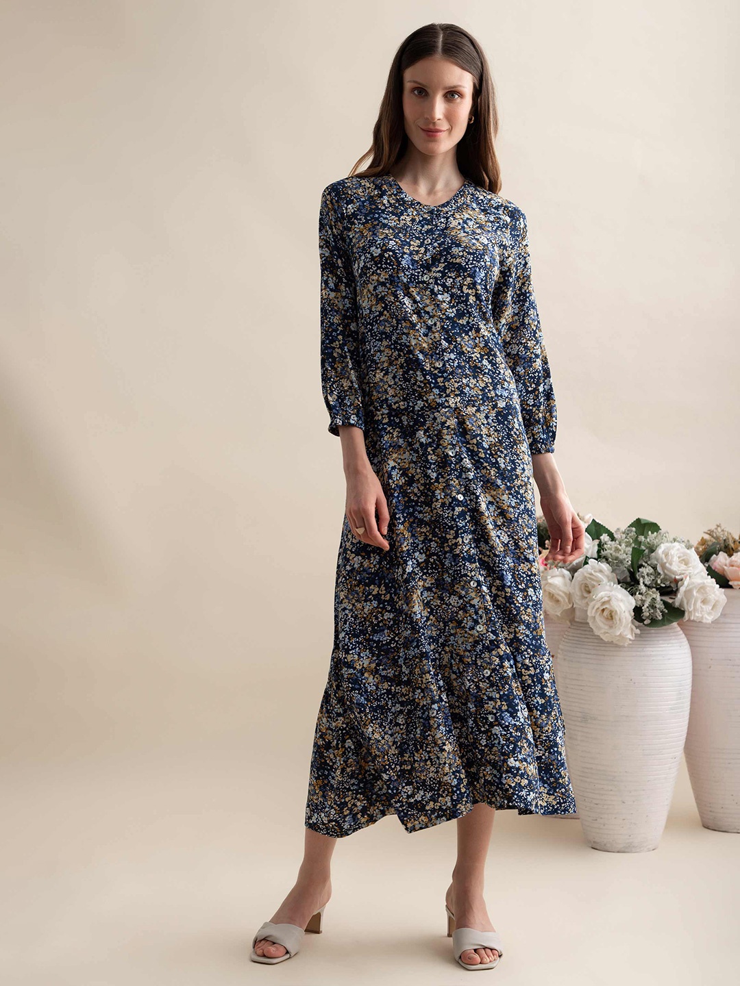 

B.Copenhagen Women Blue Floral Printed A-Line Midi Dress