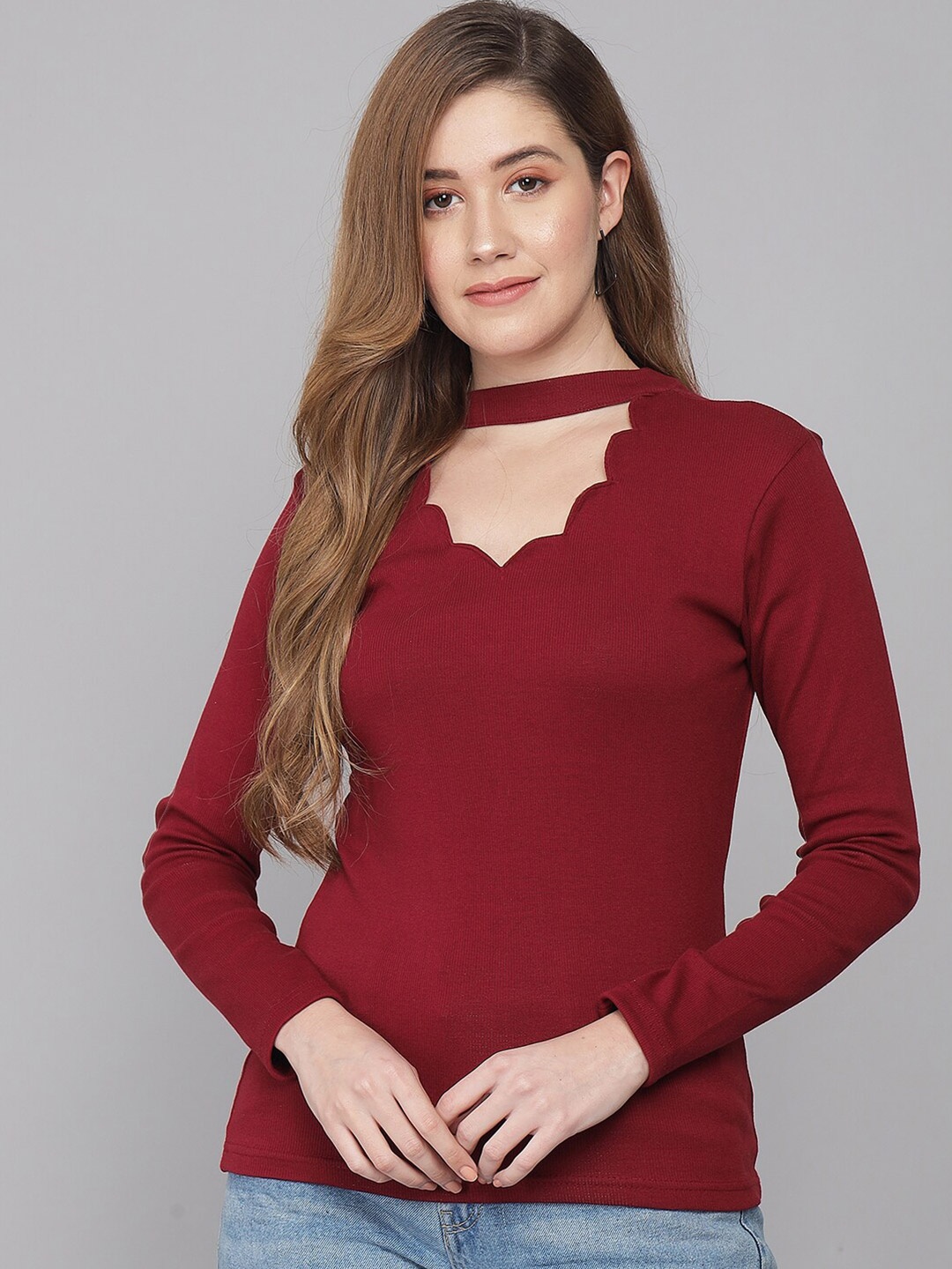 

Q-rious Maroon Solid Choker Neck Top