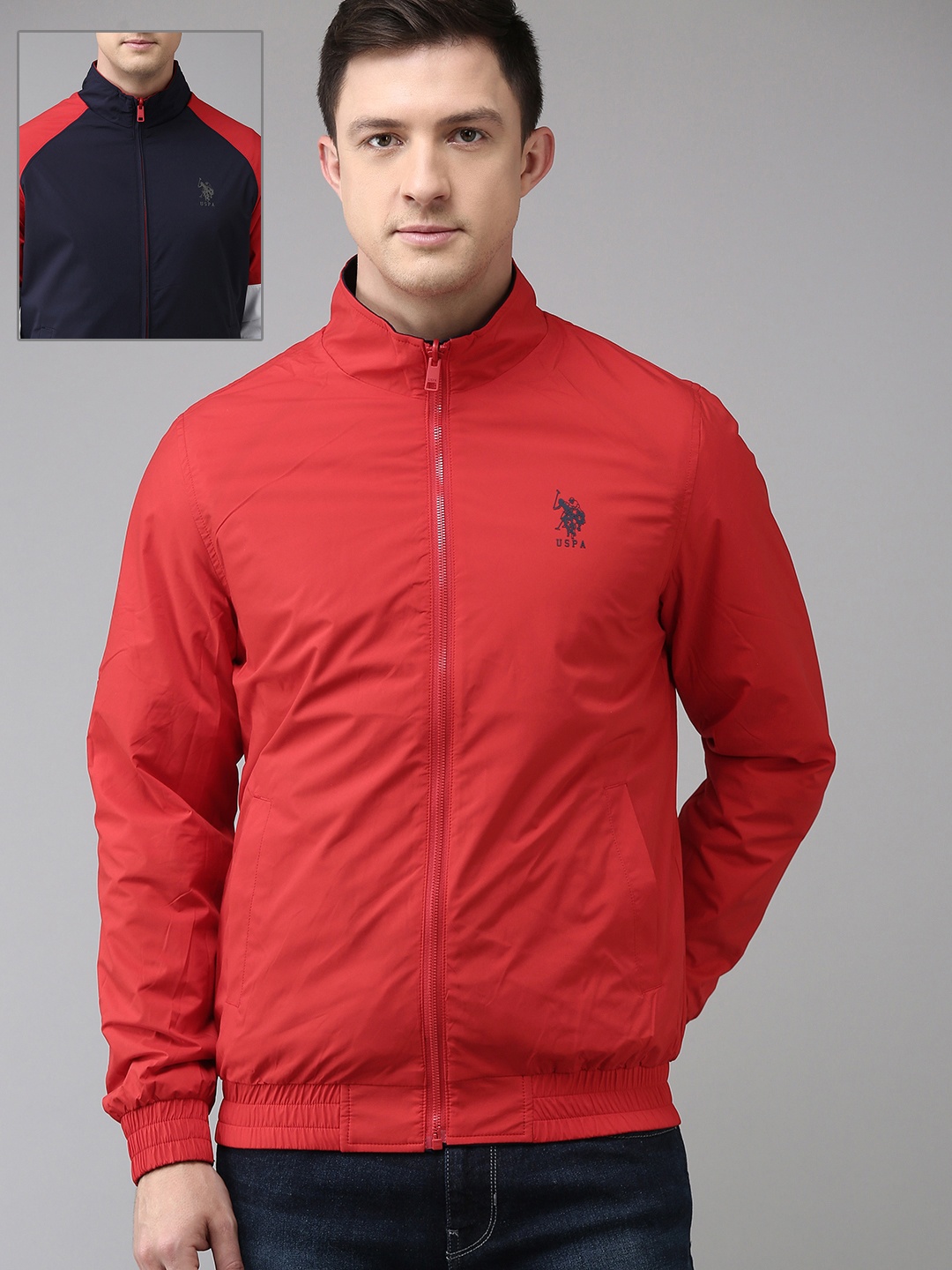 

U.S. Polo Assn. Men Red Solid Brand Logo Reversible Bomber Jacket