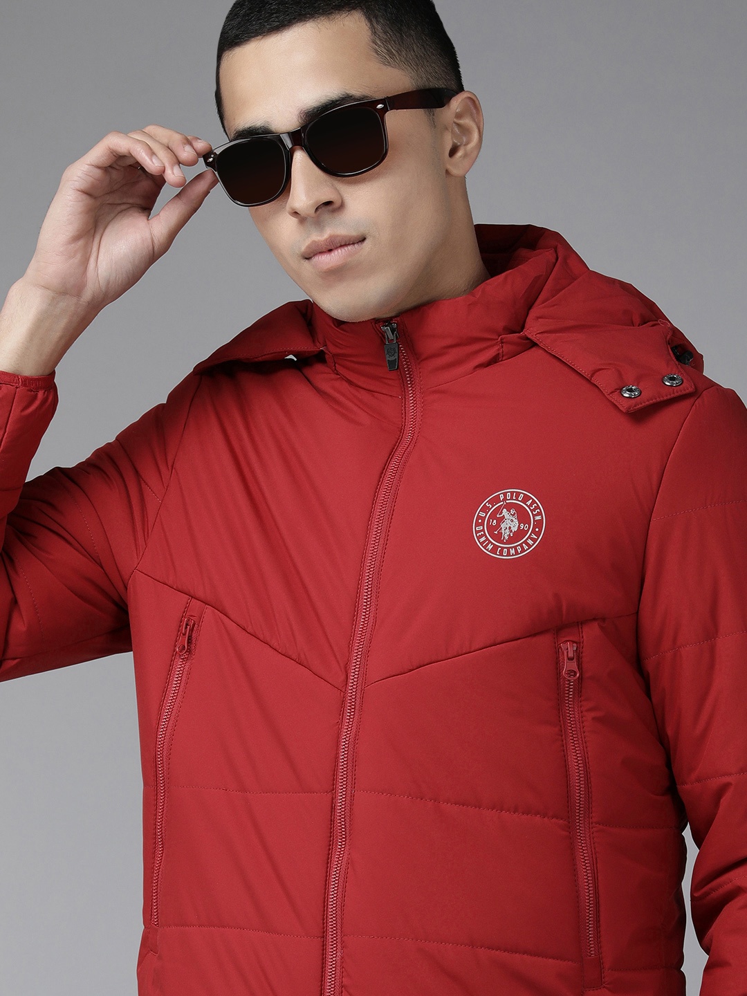 

U S Polo Assn Denim Co Men Red Smart Heating Brand Logo Puffer Jacket