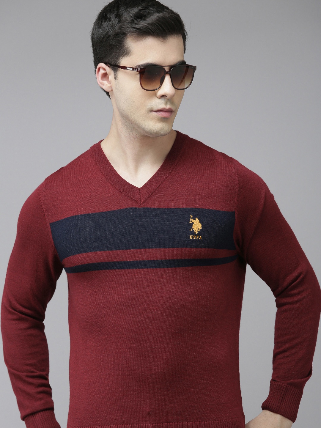 

U.S. Polo Assn. Men Maroon & Navy Blue Striped Pullover Sweater