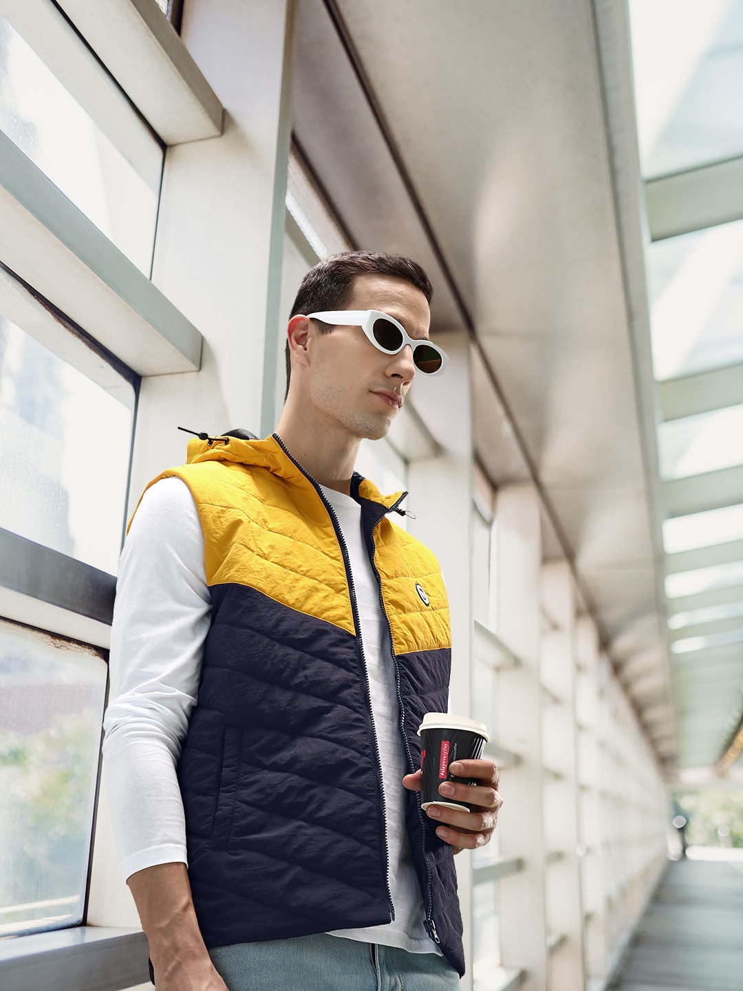 

U S Polo Assn Men Navy Blue And Mustard Colourblocked Hooded Padded Jacket