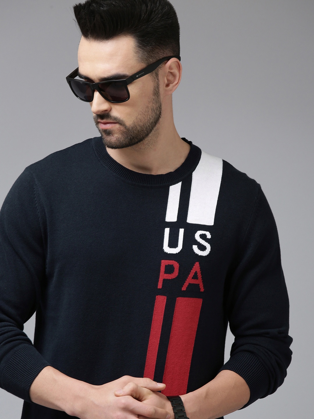 

U.S. Polo Assn. Men Navy Blue Striped Brand Logo Print Pure Cotton Pullover