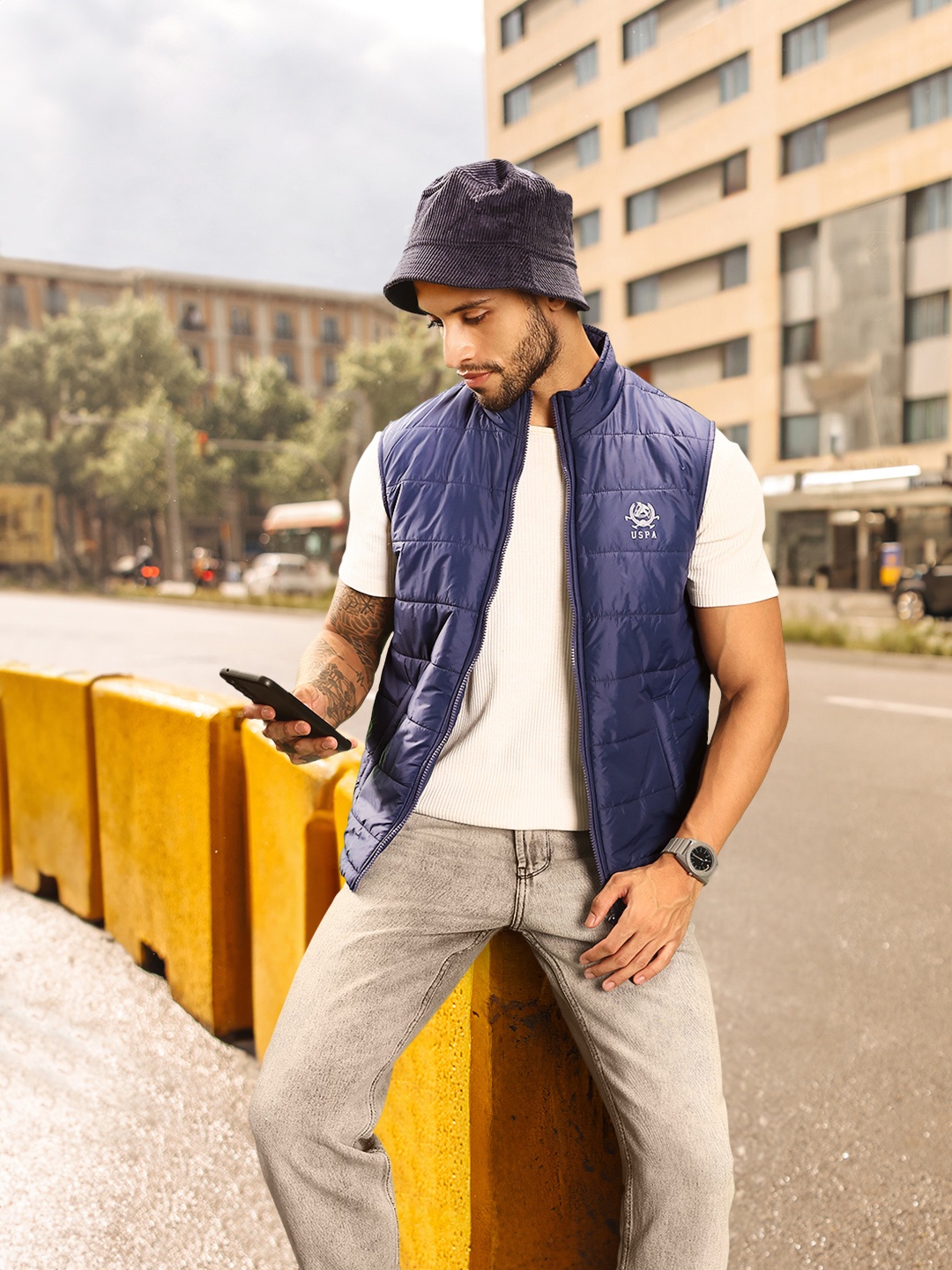 U S Polo Assn Men Navy Blue Brand Logo Printed Sleeveless Padded Jacket