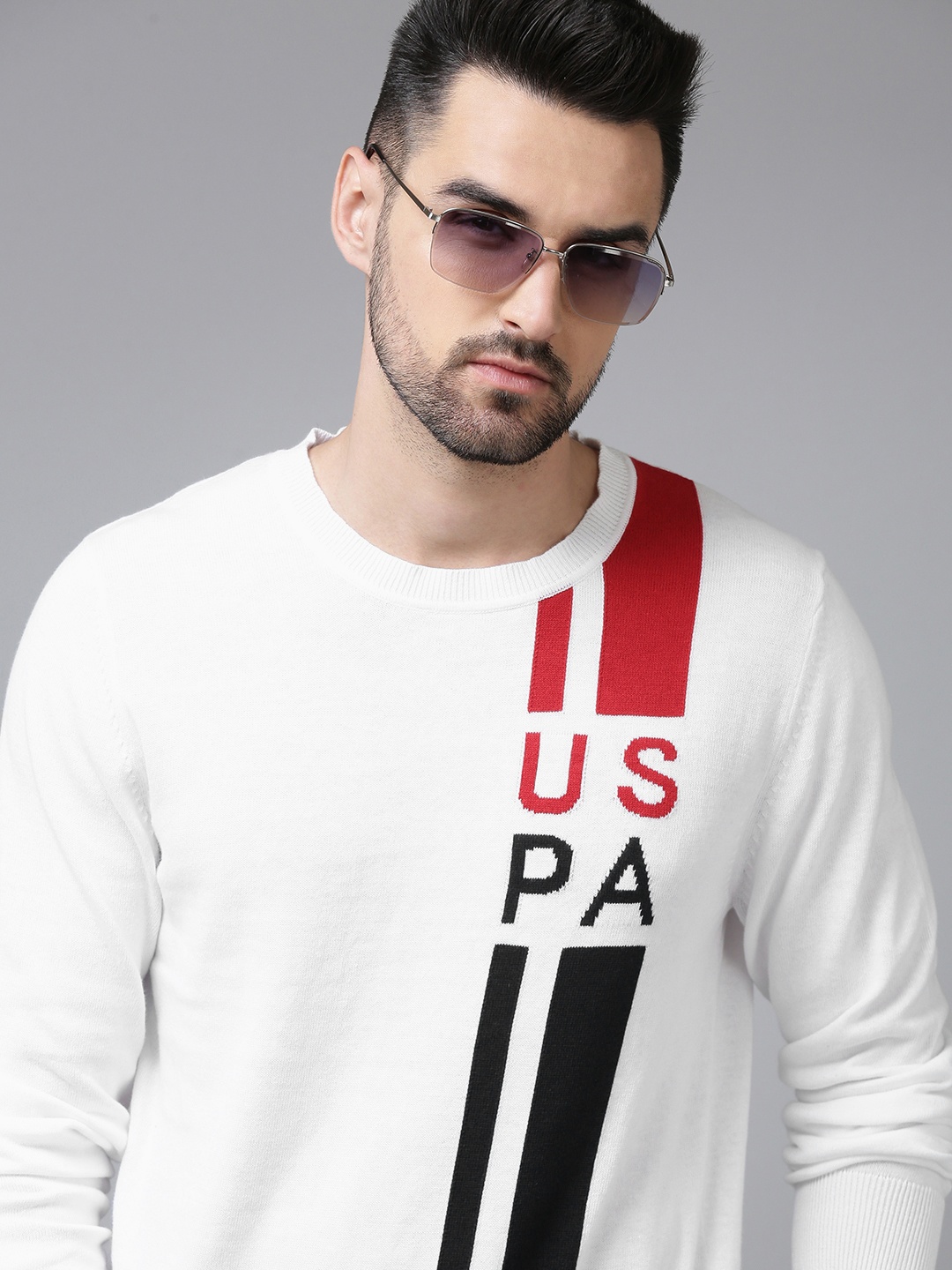 

U.S. Polo Assn. Men White Striped Brand Logo Print Pure Cotton Pullover