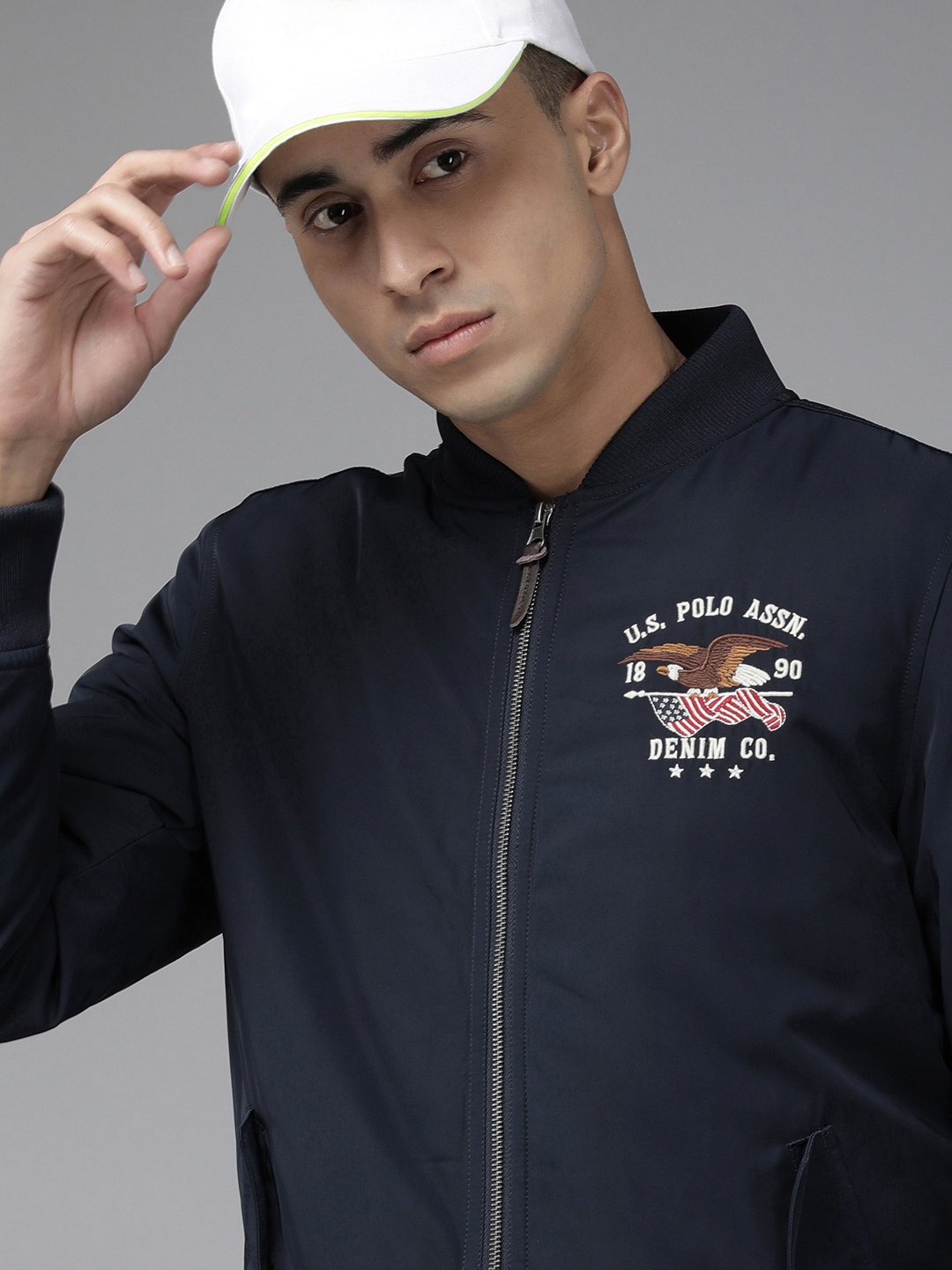 

U S Polo Assn Denim Co Men Navy Blue Brand Logo Embroidered Heavy Weight Bomber Jacket