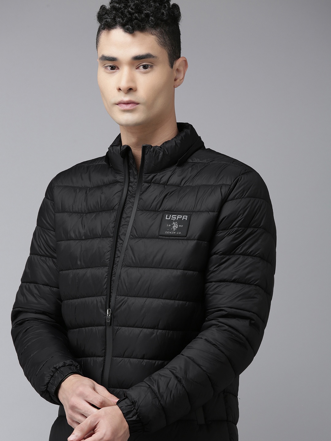 

U S Polo Assn Denim Co Men Black Brand Logo Hooded Collar Puffer Jacket