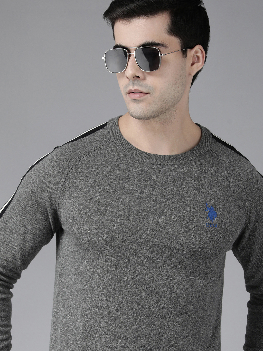 

U S Polo Assn Men Solid Pullover with Side Stripes, Grey
