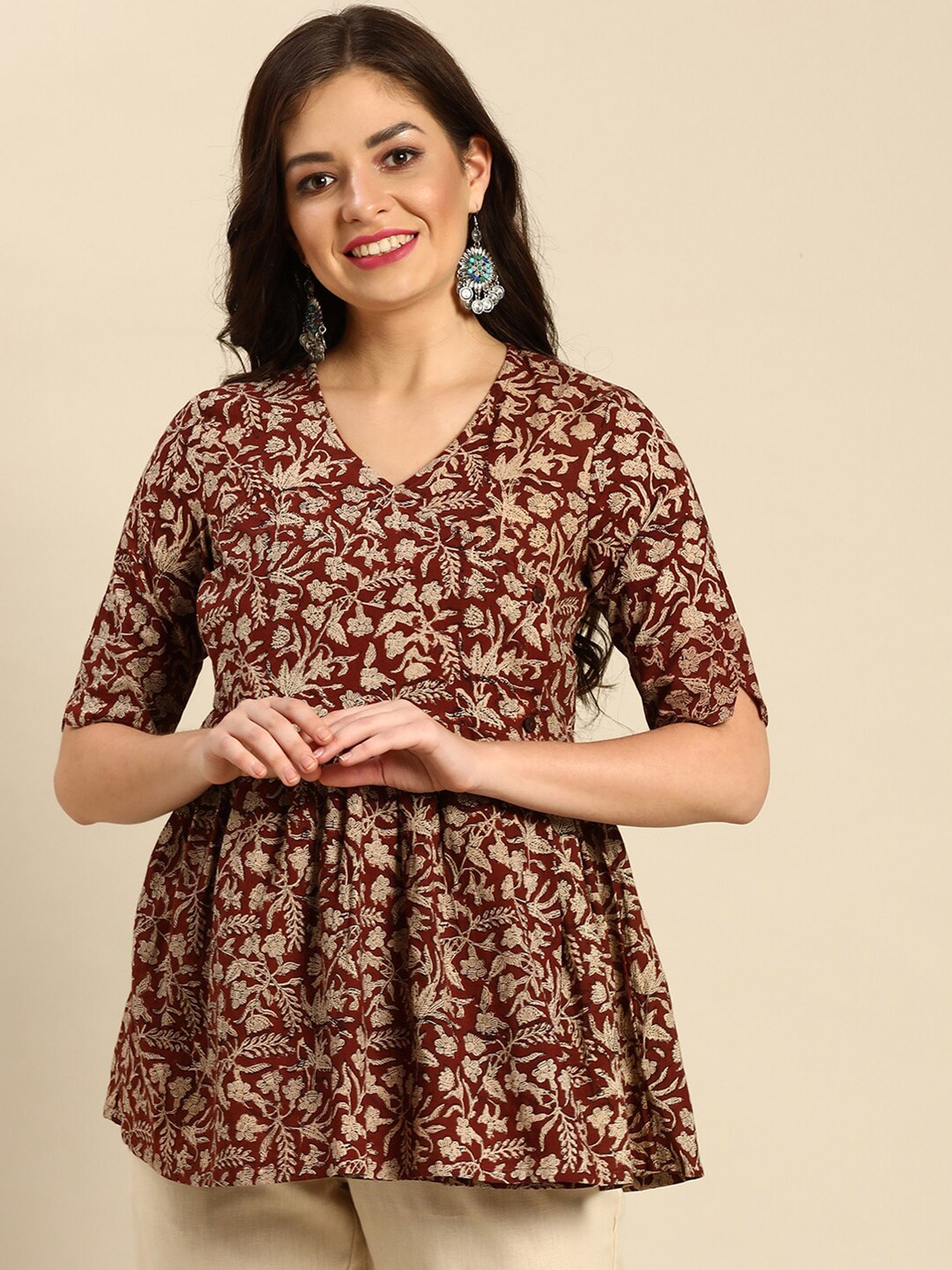 

FLAVIDO Maroon Floral Printed V-Neck Pure Cotton Empire Anarkali Kurti