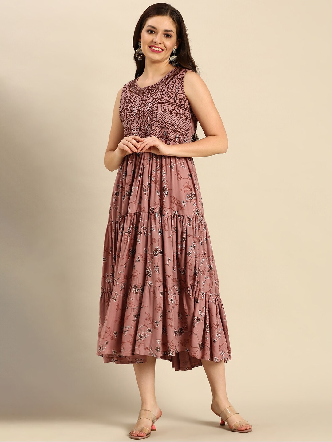 

FLAVIDO Purple Ethnic Motifs A-Line Midi Dress