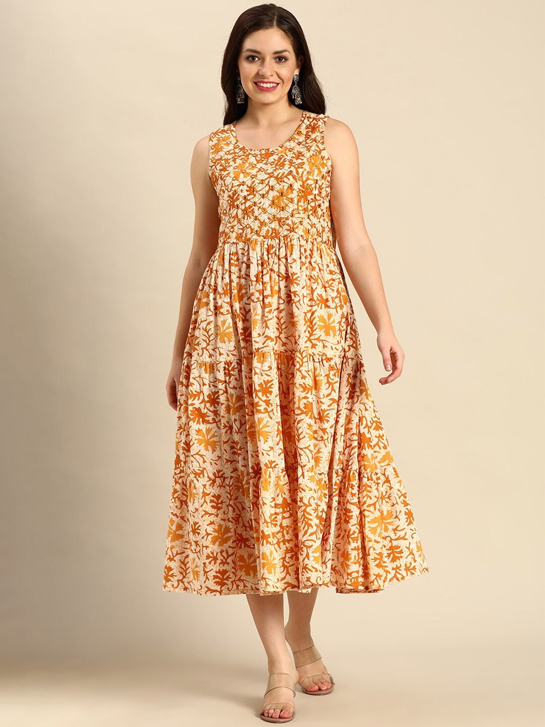 

FLAVIDO Off White & Red Floral Midi Dress
